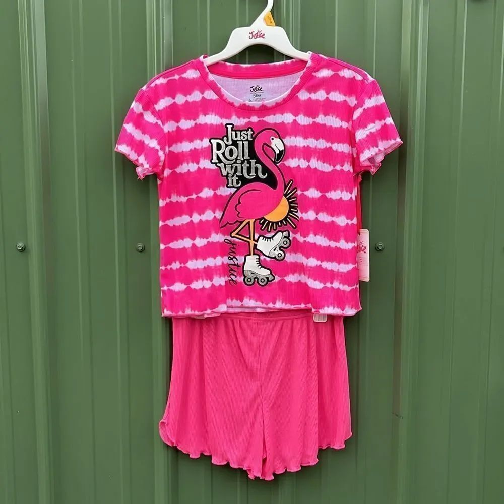 Justice Girls Shorts & T-Shirt Tie Dye Flamingo Pajama Set Size L 12/14
